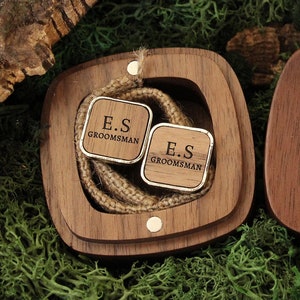 Engraved Groomsmen Initials Wood & Metal Cufflinks, Personalized Gift For Grooms Men On Wedding Day, Groomsmen Proposal, Custom Cuff Links, image 1