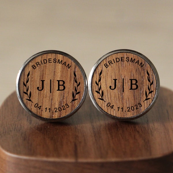 Personalised Bridesman Wooden Wedding Cufflinks, Wedding Day Present For Brides Man, Wedding Party Gifts,Bespoke Initial Cuff links For Men