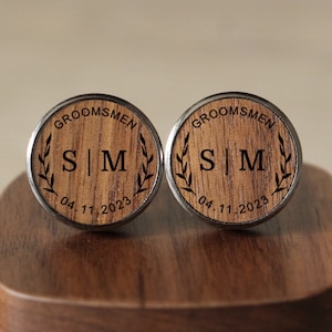 Groomsmen Gunmetal Grey Wooden Cufflinks With Name & Role, Cuff Links For Him, Wedding Party Favors, Unique Wedding Day Gift For Grooms Men image 1