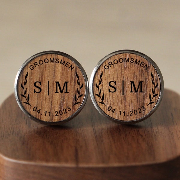 Groomsmen Gunmetal Grey Wooden Cufflinks With Name & Role, Cuff Links For Him, Wedding Party Favors, Unique Wedding Day Gift For Grooms Men