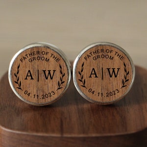 Engraved Father Of The Groom Wooden Cufflinks, Wedding Day Gift For Dad, Customized Gift For Grooms Father, Mens Round Circle Cuff Links Him