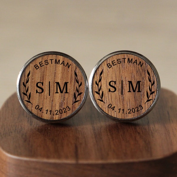 Personalized Bestman Wooden Cufflinks, Wedding Day Present For Best Man, Wedding Party Gifts,Bespoke Initial Cuff links For Men,Gift For Him