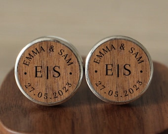 Engraved Wooden Cufflinks For Groom, Wedding Day Gift For Groom From Bride, Initial Round Cuff Links, Personalised Marriage Date & Names