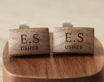 Personalised Usher Wooden Wedding Cufflinks, Wedding Day Present For Ushers, Wedding Party Gifts,Bespoke Initial Cuff links For Men