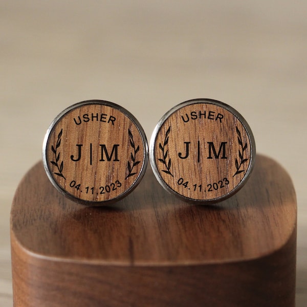 Usher Gunmetal Grey Wooden Cufflinks With Name & Role, Cuff Links For Him, Wedding Party Favors, Unique Wedding Day Gift For Grooms Men