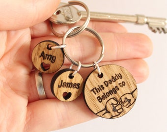 This Daddy Belongs To Keepsake Gift For Dad, Grandpa, Grandad, Personalised Wooden Keyring For New Dad, Custom Name Of Children Key Chain