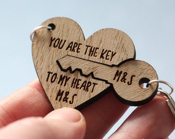 Personalised Wooden Heart Keychains, Valentines Gift For Him Boyfriend,Key To My Heart, 5th Anniversary Present Pair of Keyrings Wedding