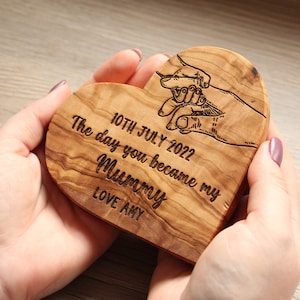 Personalised Day You Became My Mummy Gift, Birthday Gift For Mom, Unique New Mum Present, First Mothers Day Gift,Wooden Olive Heart Ornament image 1