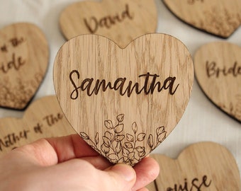 Bulk Floral Heart Wedding Coasters, Engraved Wedding Favors For Guests, Wooden Table Place Names, Table Settings, Personalized Coasters
