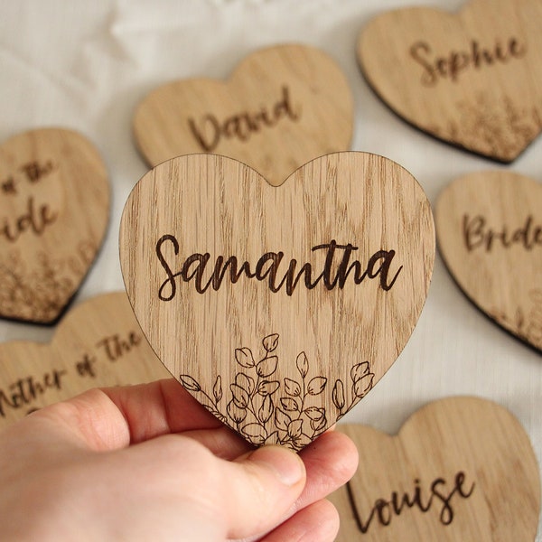 Bulk Floral Heart Wedding Coasters, Engraved Wedding Favors For Guests, Wooden Table Place Names, Table Settings, Personalized Coasters