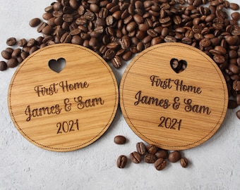 2x First Home Personalised Drinks Coaster, House Warming gift For First Time Buyers, New House Present, Moving Gift For Couples Housewarming