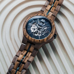 Fathers Day Gift For Him Mechanical Wooden Watch 5 Year Anniversary Present For Him/Husband, Unique Boyfriend Gift For Christmas Xmas image 1