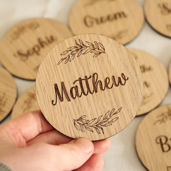 Personalised Floral Wedding Coasters, Custom Wedding Favors For Guests, Engraved Wooden Circle Place Names, Wedding Favours Table Decoration