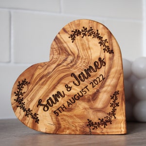 Engraved Wedding Gift, 5th Anniversary, Personalised Engagement Keepsake, Unique Present For Couples / Wife On Wedding Day, Olive Wood Heart