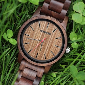 Personalised Walnut Wood Watch, Engraved Minimalist Mens Wrist Watch, Unique 5th Wood Anniversary Gift For Him, Present For Dad & Husband image 1