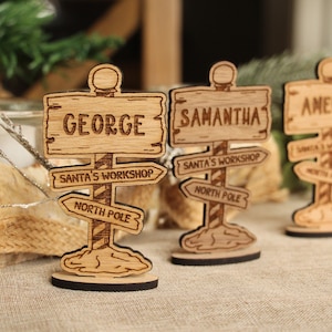 Christmas North Pole Place Names, Personalised Christmas Table Place Names, Christmas Table Decorations, Wooden Place Settings For Xmas Day