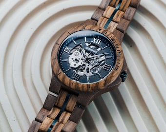 Fathers Day Gift For Him - Mechanical Wooden Watch - 5 Year Anniversary Present For Him/Husband, Unique Boyfriend Gift For Christmas Xmas