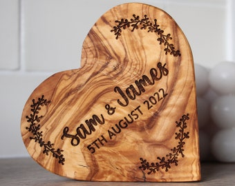 Engraved Wedding Gift, 5th Anniversary, Personalised Engagement Keepsake, Unique Present For Couples / Wife On Wedding Day, Olive Wood Heart