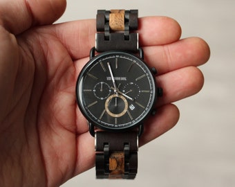 Montre chronographe pour homme en bois gravée avec acier inoxydable, cadeau fête des pères, montre unique pour lui, cadeau d'anniversaire personnalisé pour fils