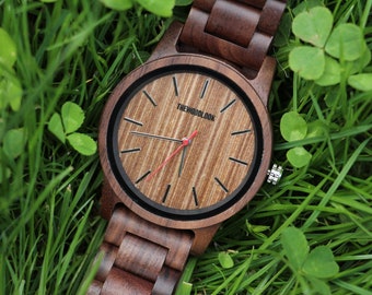 Personalised Walnut Wood Watch, Engraved Minimalist Mens Wrist Watch, Unique 5th Wood Anniversary Gift For Him,  Present For Dad & Husband