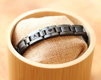 Personalised Gunmetal Stainless Steel & Wood Bracelet, Gents Wrist Band, Chain Bracelet For Men, Groom Wedding Day Gift, Unique Gift For Him