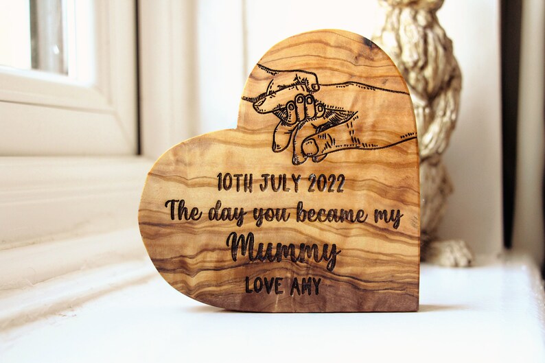 Personalised Day You Became My Mummy Gift, Birthday Gift For Mom, Unique New Mum Present, First Mothers Day Gift,Wooden Olive Heart Ornament image 5