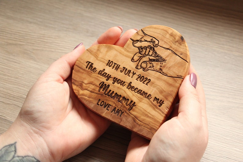 Personalised Day You Became My Mummy Gift, Birthday Gift For Mom, Unique New Mum Present, First Mothers Day Gift,Wooden Olive Heart Ornament image 1