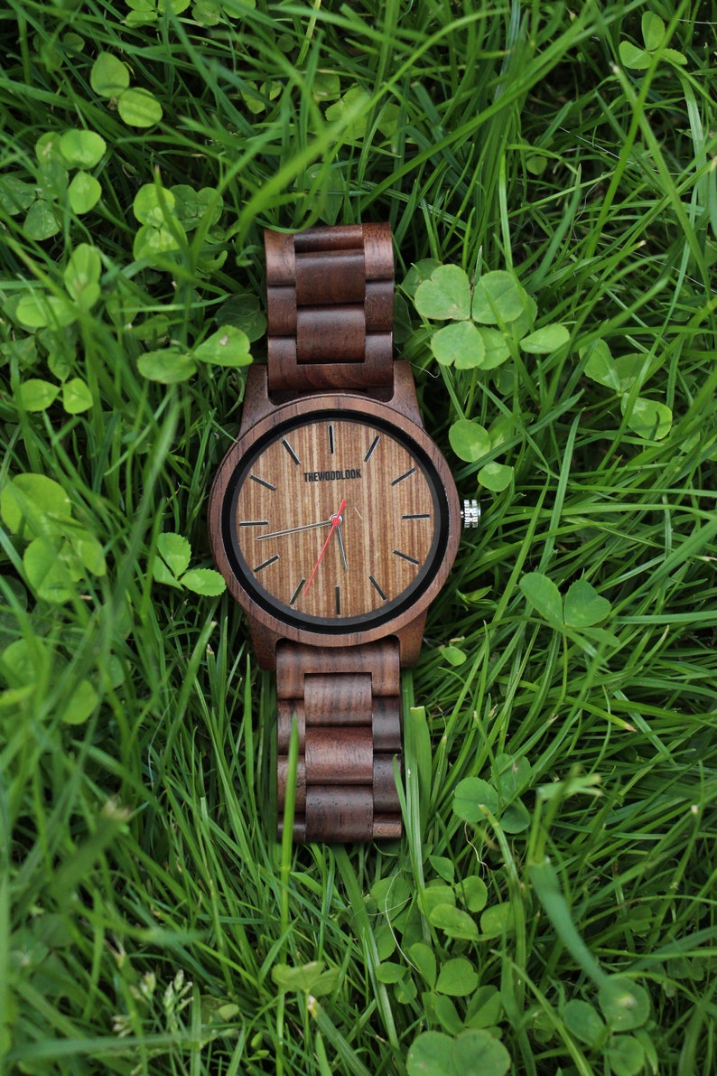 Personalised Walnut Wood Watch, Engraved Minimalist Mens Wrist Watch, Unique 5th Wood Anniversary Gift For Him, Present For Dad & Husband image 4