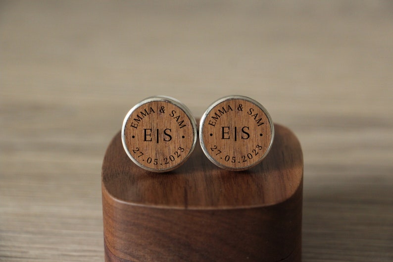 Engraved Wooden Cufflinks For Groom, Wedding Day Gift For Groom From Bride, Initial Round Cuff Links, Personalised Marriage Date & Names image 1