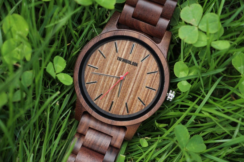 Personalised Walnut Wood Watch, Engraved Minimalist Mens Wrist Watch, Unique 5th Wood Anniversary Gift For Him, Present For Dad & Husband image 1