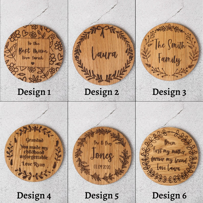 Personalised Floral Coasters Unique Rustic Wedding Day Favours, Oak Veneer Drinks Coaster, 5 Year Wedding Anniversary Gift, Housewarming image 1