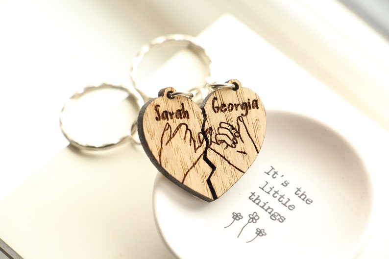 Personalised Pinky Promise Keyrings For Best Friend, Cute Friendship Keyring, Heart Pieces, Wooden Besties Keychain, Meaningful Bestie Gift image 1