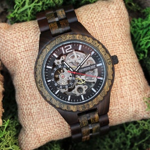 Mens Automatic Wood Watch - Made of Real Wood - Unique Wrist Watch For Him, Special 5th Anniversary Gift For Husband, His Birthday Gift