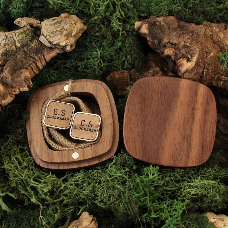 Engraved Groomsmen Initials Wood & Metal Cufflinks, Personalized Gift For Grooms Men On Wedding Day, Groomsmen Proposal, Custom Cuff Links, image 1