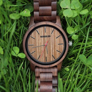 Personalised Walnut Wood Watch, Engraved Minimalist Mens Wrist Watch, Unique 5th Wood Anniversary Gift For Him, Present For Dad & Husband image 6