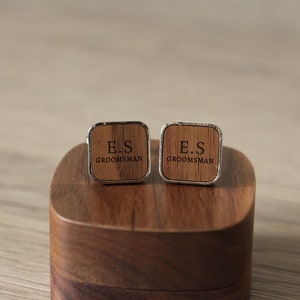 Engraved Groomsmen Initials Wood & Metal Cufflinks, Personalized Gift For Grooms Men On Wedding Day, Groomsmen Proposal, Custom Cuff Links, image 4