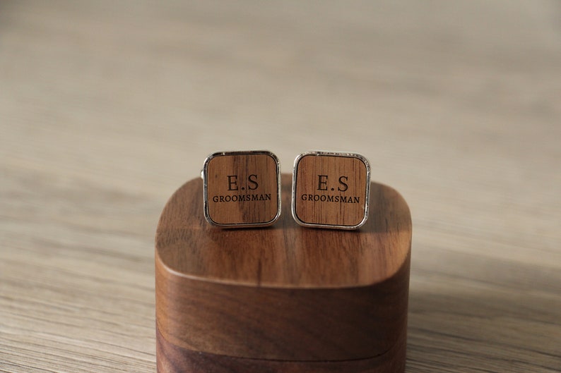Engraved Groomsmen Initials Wood & Metal Cufflinks, Personalized Gift For Grooms Men On Wedding Day, Groomsmen Proposal, Custom Cuff Links, image 4