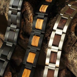 Gepersonaliseerde roestvrijstalen en houten herenarmband - schakelarmband voor mannen, 5e verjaardagscadeau voor hem, gegraveerde bruidegom huwelijksdagcadeau
