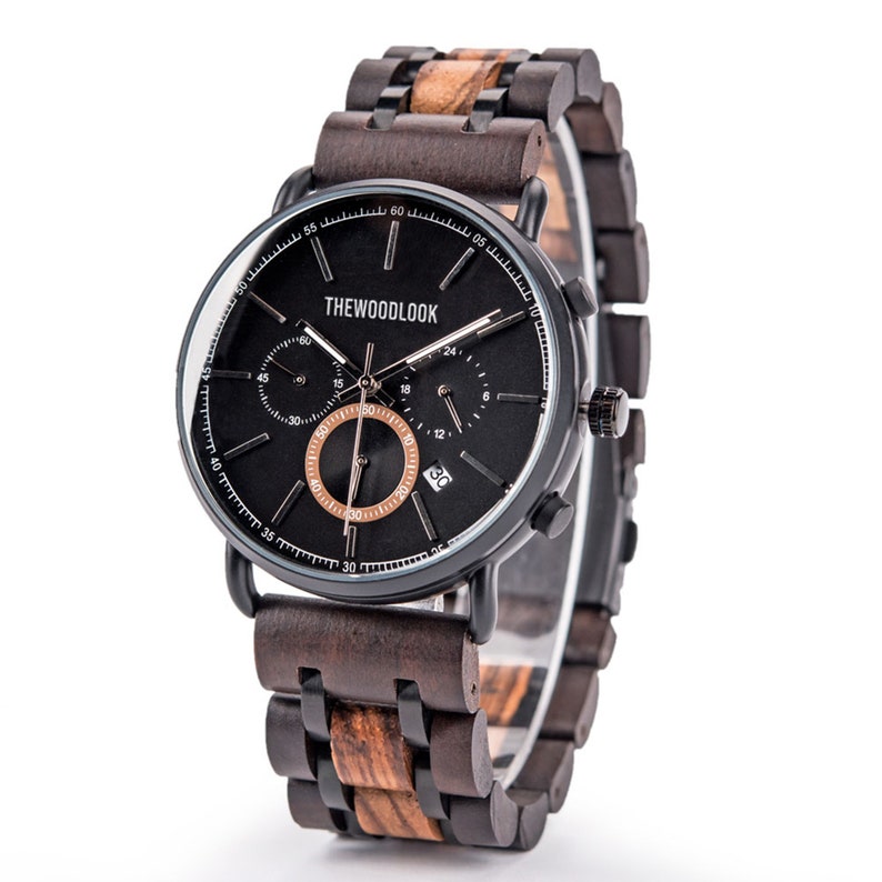 Engraved Mens Chronograph Wood Watch With Stainless Steel, Fathers Day Gift, Unique Watch For Him, Personalised Birthday Gift For Son image 9