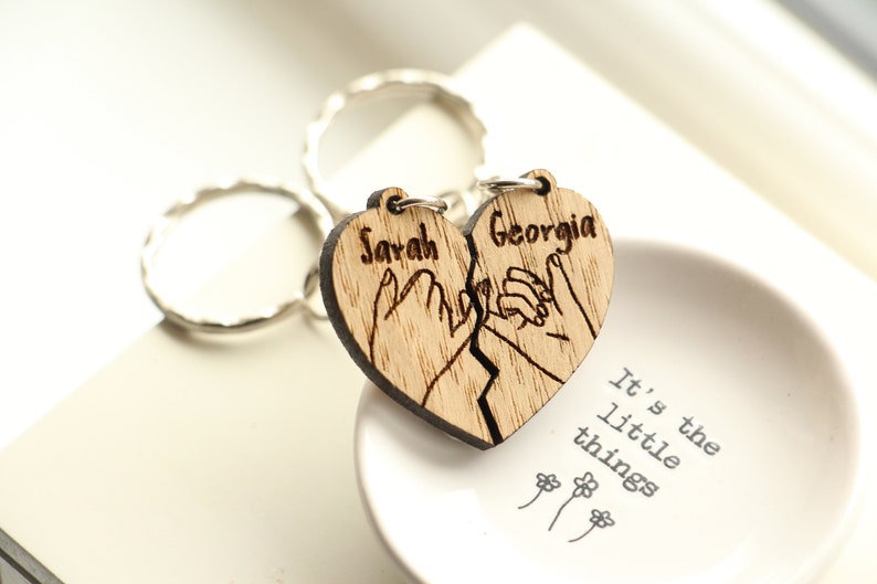 Personalised Pinky Promise Keyrings For Best Friend, Cute Friendship Keyring, Heart Pieces, Wooden Besties Keychain, Meaningful Bestie Gift image 7