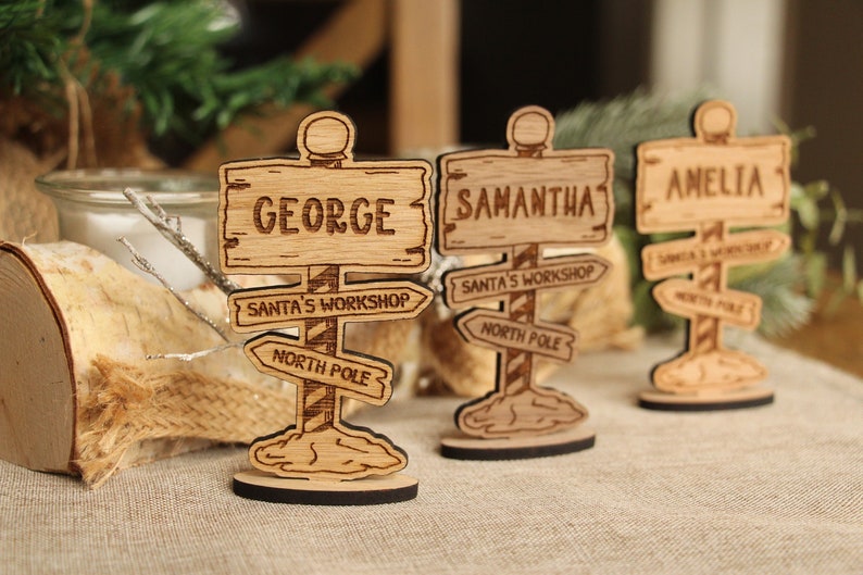 Christmas North Pole Place Names, Personalised Christmas Table Place Names, Christmas Table Decorations, Wooden Place Settings For Xmas Day image 1