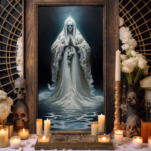 White Santa Muerte Large Wall Art, White Santísima Muerte Poster Print, White Robes, La Niña Blanca Altar Artwork 24' by 36'