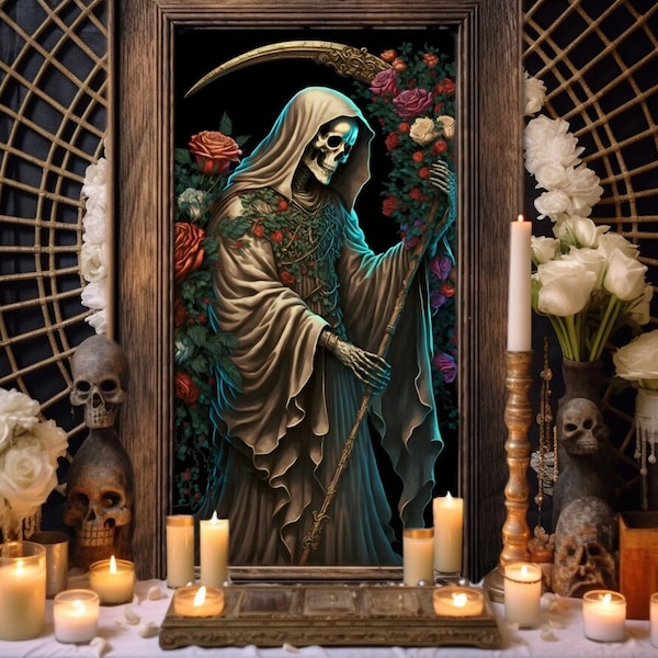 Santa Muerte Grande œuvre murale, Santísima Muerte Poster Art Print, Santa Muerte Faux de roses, La Santa Muerte Autel Artwork 24' par 36'