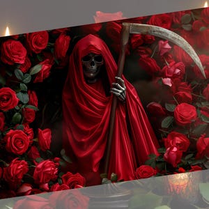 Santa Muerte Art Print, 7 inches by 5 Inches, Red Santa Muerte aspect art, Dark Artwork, Santa Muerte roses artwork, Santisima altar Decor