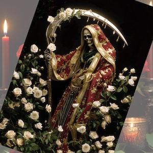 Santisima Muerte Floral Art Print, 7 Inches by 5 Inches, Unframed, Santa Muerte altar Decor, Santa Muerte roses artwork, Spiritual Artwork