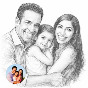 May include: Pencil sketch portrait of a family of three, featuring a smiling man, woman, and young child. The artwork is in black and white, with detailed shading and a realistic style. A smaller, color portrait is in the lower left corner.