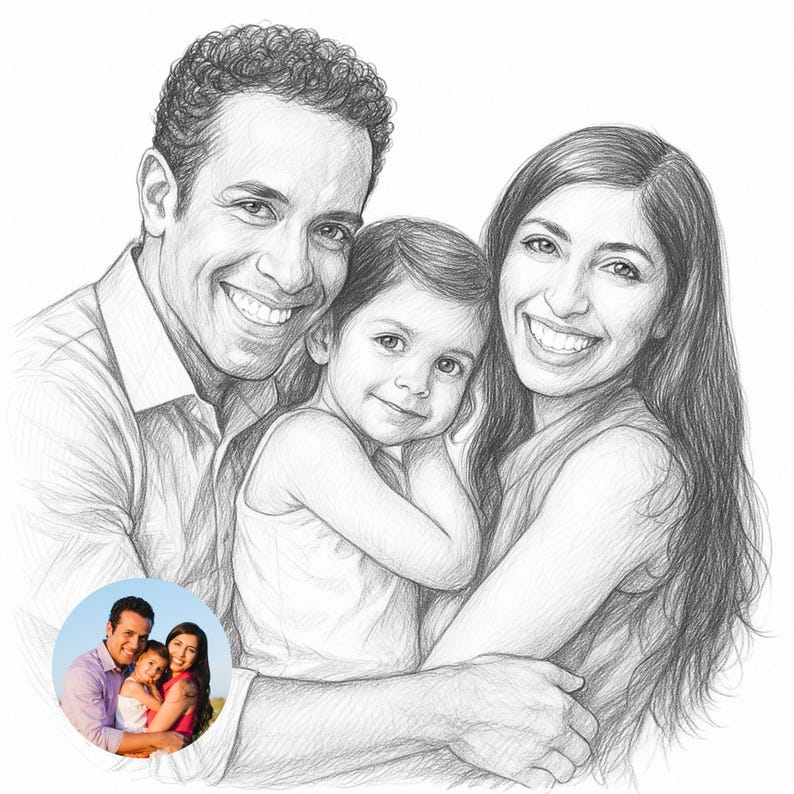 May include: Pencil sketch portrait of a family of three, featuring a smiling man, woman, and young child. The artwork is in black and white, with detailed shading and a realistic style. A smaller, color portrait is in the lower left corner.
