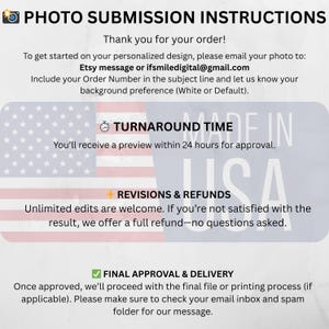 May include: A graphic with instructions for photo submissions. Text includes "Photo Submission Instructions," "Turnaround Time," "Revisions & Refunds," and "Final Approval & Delivery." The background features the American flag and the words "Made in USA."