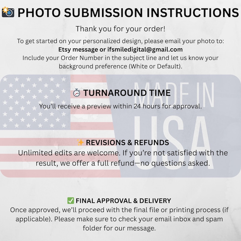 May include: A graphic with instructions for photo submissions. Text includes "Photo Submission Instructions," "Turnaround Time," "Revisions & Refunds," and "Final Approval & Delivery." The background features the American flag and the words "Made in USA."
