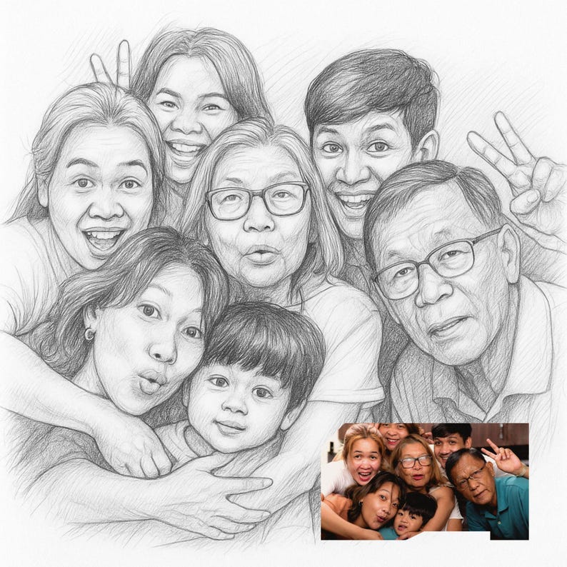 May include: A pencil sketch portrait of a family, featuring multiple generations. The image shows a group of people smiling and posing for a photo, with some holding up peace signs. The portrait is in black and white.
